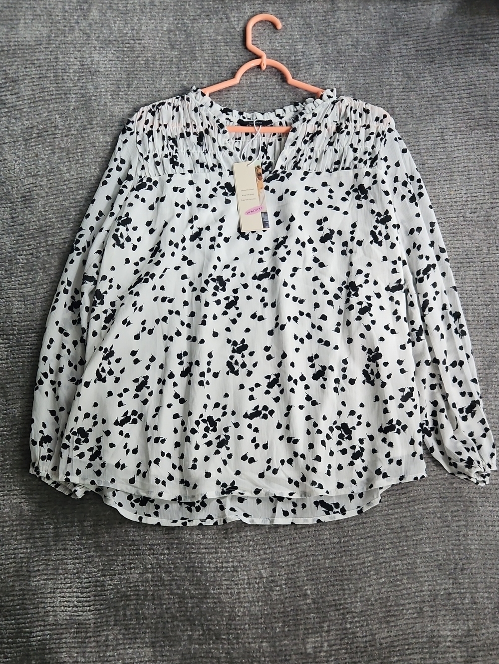 Woven Smocked Yoke Long-Sleeve Blouse - White with Black Print
